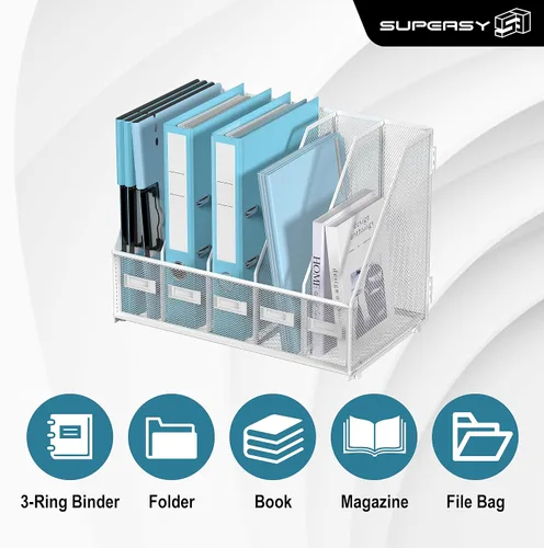 Miniatura 4 de SUPEASY Organizador de escritorio de metal para revistas, con 5 compartimentos verticales, organizador de archivos para escritorio de oficina, Negro