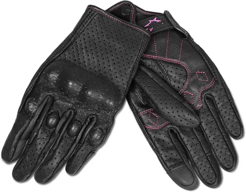 Miniatura 5 de Guantes completos de motocicleta para mujer, con nudillos reforzados, de piel blindada, para usar con pantalla táctil, S Cuero negro con línea rosa