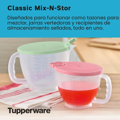 Miniatura 2 de Set de jarras Tupperware Classic Mix-N-Store en verde menta y rosa caramelo, apto para lavavajillas y sin BPA (2 tazones, 2 tapas)