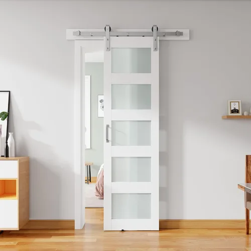 puerta de granero de vidrio de 26'' x 84'' y kit de herrajes de níquel cepillado de 5 pies incluido, losa de puerta de granero blanca MDF con vidrio