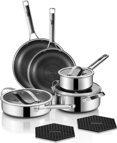 Juego de ollas y sartenes de acero inoxidable híbrido, 10 piezas antiadherentes de tres capas con sartén, apto para lavavajillas y horno, sin PFOA,