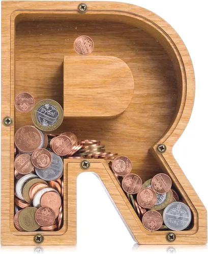 Miniatura 20 de Alcancía de madera personalizada con letra para niños, niñas y adultos, bancos de monedas de madera de roble duradero, 3 tamaños para elegir
