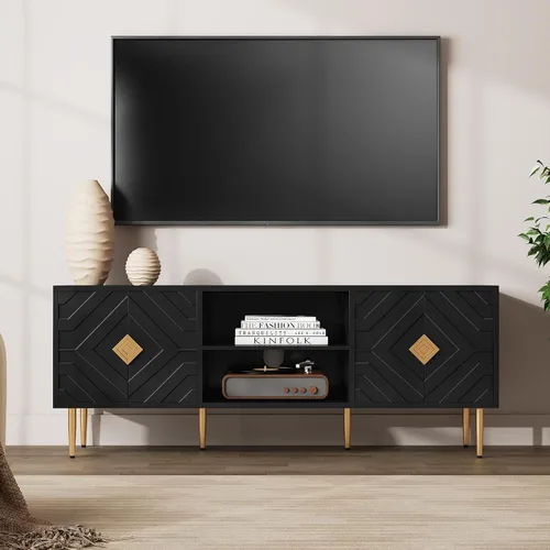 HLR Soporte de TV negro moderno de 63 pulgadas para TV de 65/70/75 pulgadas, centro de entretenimiento con gabinete de almacenamiento, consola de TV