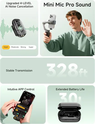 Miniatura 2 de MAONO Wave T1 Mini micrófono inalámbrico Lavalier para iPhone/Android, cancelación de ruido, filtro de voz AI, 30 horas utilizado con estuche