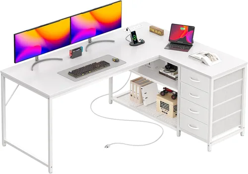 PRAISUN Escritorio en forma de L de 53" con tomas de corriente y puerto USB-C, escritorio reversible de esquina para computadora de oficina con 4