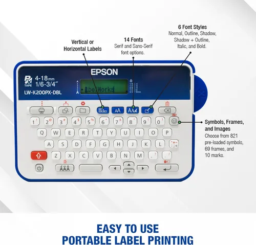 Miniatura 6 de LABELWORKS Epson LW-K200PX-DBL Etiquetadora Portátil con Teclado QWERTY para Hogar y Pasatiempos - Manualidades, Organizar y Personalizar - Azul