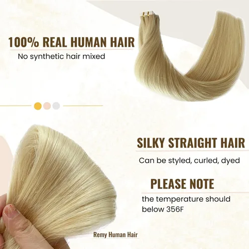 Miniatura 5 de Extensiones adhesivas rubias de cabello humano brasileño grado 9A, #60 rubio platino, cinta en 12 pulgadas, 20 unidades por juego, extensiones