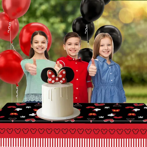 Miniatura 6 de 3 manteles de cumpleaños de ratón para fiestas de 51 x 87 pulgadas, manteles de plástico negro y rojo para niños y niñas, mantel rectangular