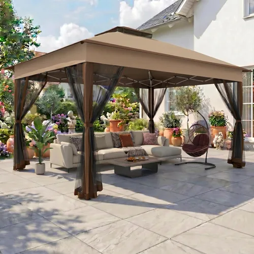 Miniatura 12 de COBIZI - Tienda desplegable de 3,66 x 3,66 metros en oferta - Cenador portátil de metal para exteriores con mosquitero, impermeable - Cenador Caqui