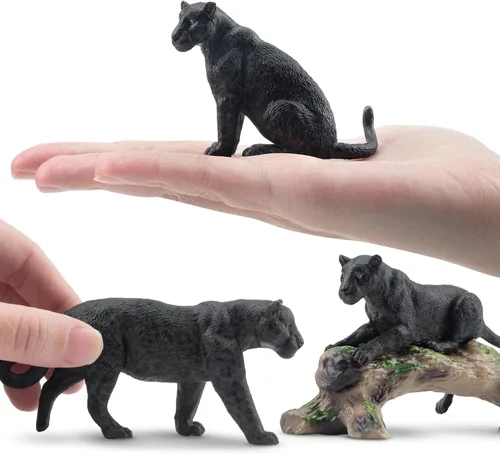 Miniatura 3 de Toymany 7 Piezas Figuras de Panteras Negras con Cachorro de Pantera y Tronco de Árbol, Figuras Realistas de Animales de la Selva Juego Familiar