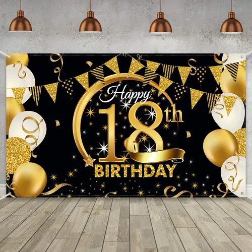 Miniatura 16 de Decoración de fiesta de cumpleaños número 15, cartel póster de tela extra grande negro y dorado para telón de fondo de cabina de fotos