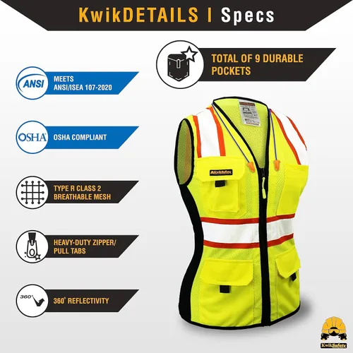 Miniatura 5 de KwikSafety - Charlotte, NC - Chaleco de seguridad para mujer, tiras reflectantes de alta visibilidad, cumple con ANSI y OSHA Amarillo