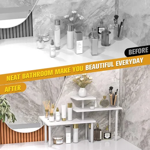Miniatura 5 de JayRex Organizador de baño, estante de encimera, estante de esquina de 3 niveles, organizador de bambú ajustable para encimera de baño, maquillaje