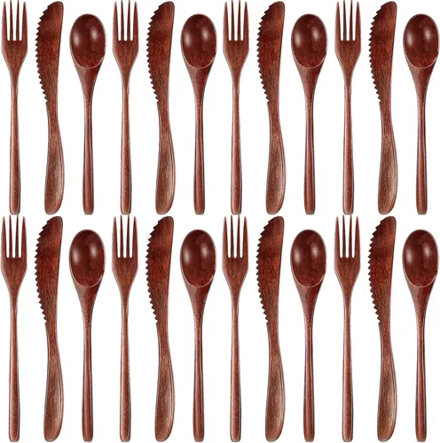 Miniatura 6 de Utensilios de madera reutilizables para comer, 8 piezas de cucharas de madera de viaje, tenedores, palillos, juego de cubiertos con estuche