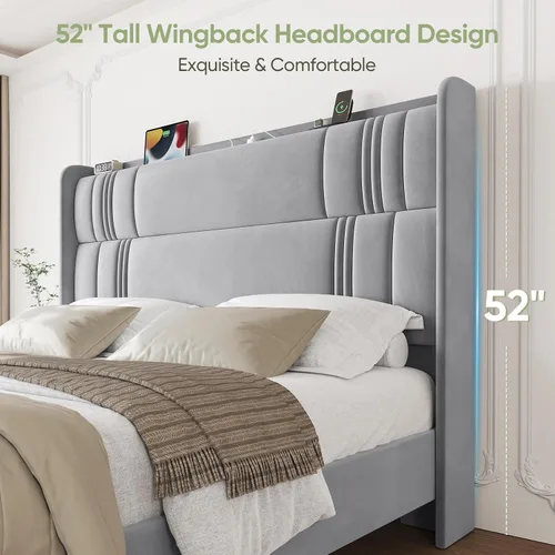 Miniatura 5 de Base de cama tamaño King y cabecera alta, base de cama tapizada de 52 pulgadas con estación de carga, marcos de cama de terciopelo de lujo, cabecera