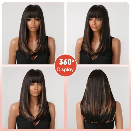 Miniatura 5 de Allbell - Peluca larga negra para mujer de longitud hasta los hombros, con flequillo, color negro mezclado con rubio, sintética natural, reemplazo