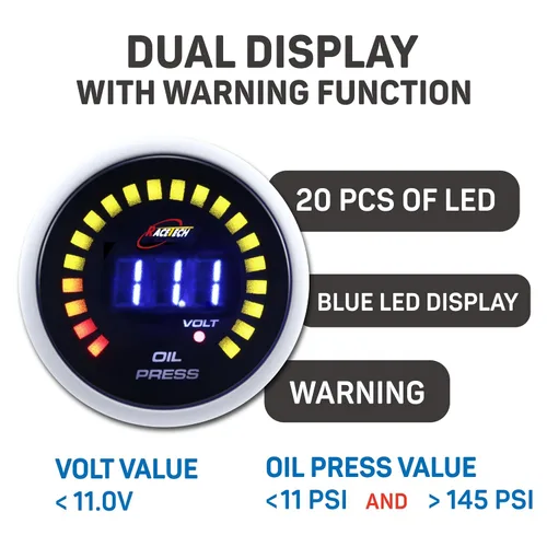 Miniatura 4 de RACETECH Medidor Digital Dual de Presión de Aceite y Voltímetro - 145 PSI, 8~18V - 52 mm 2-1/16" 20 LED Anillo Exterior Azul con Función