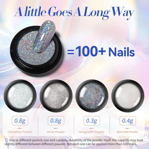 Miniatura 6 de BORN PRETTY Polvo de uñas cromado, polvo cromado holográfico de espejo metálico de perla blanca para uñas, kit de polvo de pigmento con purpurina