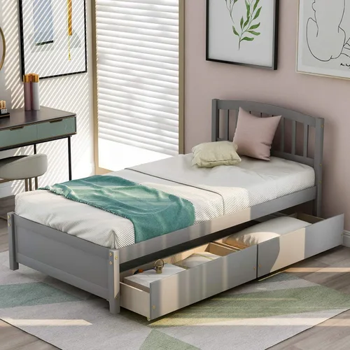 Miniatura 11 de Marco de cama moderno de madera maciza con cajones, plataforma de cama con soporte de listones de madera, no necesita somier, tamaño individual