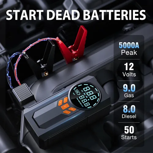 Miniatura 2 de Arrancador con compresor de aire, batería de 5000 A 160 PSI portátil (9.0 gas/8.0L diesel), batería de coche de 12 V con cables de puente
