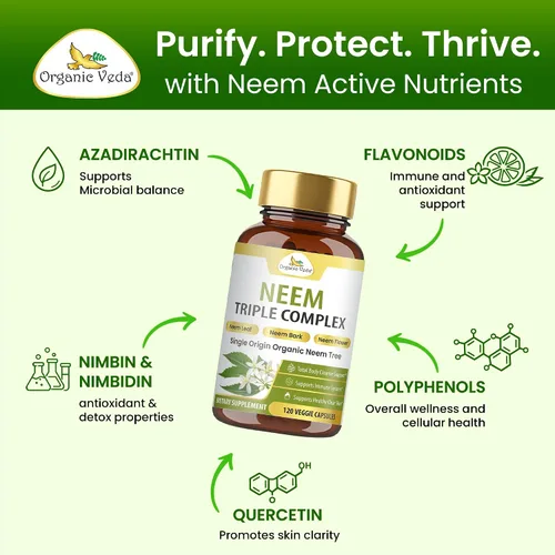Miniatura 4 de Organic Veda Neem Capsules Triple Complex Extractos de hojas de neem, corteza y flores, suplemento de hierbas para el acné, limpia y limpia la salud