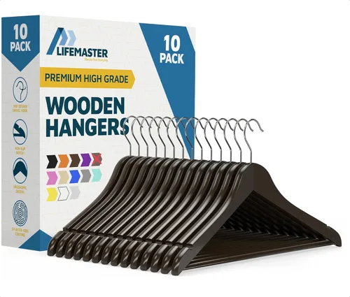 Miniatura 32 de Lifemaster Juego de perchas de madera - 50 piezas, antideslizantes, versátiles, ahorradoras de espacio para traje, abrigo, camisola, chaqueta