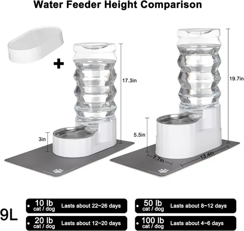 Miniatura 3 de RIZZARI Dispensador de agua grande para perros: dispensador de mascotas elevado automático de gravedad de acero inoxidable de 9L con cepillo Blanco