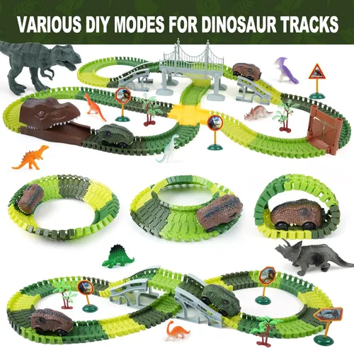 Miniatura 4 de Pista de carreras de dinosaurios para niños - Regalos de cumpleaños para niños de 3, 4, 5, 6, 7 años, set de pista de autos flexible de más de 280