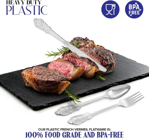 Miniatura 7 de Juego de cubiertos de plástico plateado de 160 piezas, 80 tenedores, 40 cucharas, 40 cuchillos, utensilios desechables resistentes, cubiertos