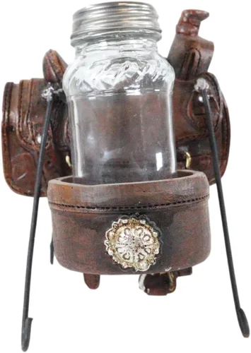 Miniatura 5 de Ebros Gift Country Western Cowboy Horse Sillín con 2 alforjas y conchos plateados, juego de estatuillas de sal y pimentero, acabado de cuero