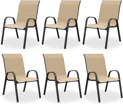 Miniatura 11 de Juego de 4 sillas de comedor para patio, sillas de comedor apilables, respaldo alto, tela de asiento transpirable y marco de acero de aleación