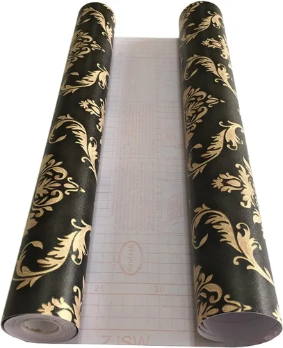 Miniatura 4 de MyFun Papel tapiz de damasco floral de lujo negro y dorado de 11 yardas, calcomanías de papel de pared de contacto extraíbles vintage para muebles