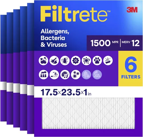 Filtrete Filtro de aire para horno de CA de 17.5x23.5x1, MERV 12, MPR 1500, CERTIFICADO amigable para asma y alergias, filtro de limpieza de aire