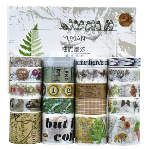 Juego de 20 rollos de cinta adhesiva washi, matasellos vintage, mapa, letra, pájaro, mariposa, lindo animal, floral, plantas, calcomanías