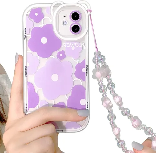 NITITOP Funda compatible con iPhone 11, funda transparente con diseño de oso floral y cadena de pulsera de flores para mujeres y niñas, funda de TPU