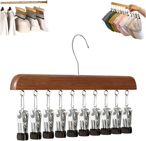 Miniatura 8 de Organizador de armario con 10 clips, organizador colgante de armario ajustable de madera para armario, colgador de pantalones de acero inoxidable