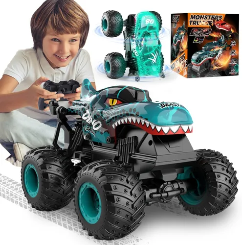 Gohero Juguetes de Camiones Monstruo, Camiones Monstruo de Control Remoto 2.4Ghz para Niños de 4-7 años, Juguetes de Dinosaurio 1:20 con Luz y