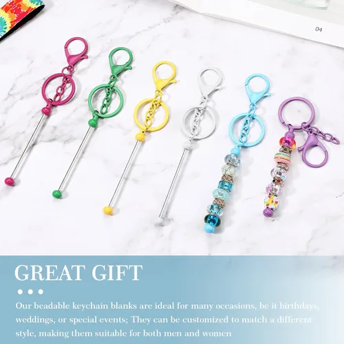 Miniatura 6 de Huwena 6 piezas de llaveros con cuentas, barras en blanco, llavero de cuentas de metal para colgante, manualidades, joyería, regalo