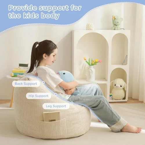 Miniatura 7 de MAXYOYO Puf para niños, puf con asa, cómoda silla para niños y niñas, sofá decorativo con bolsillo para jugar, leer y relajarse, color beige