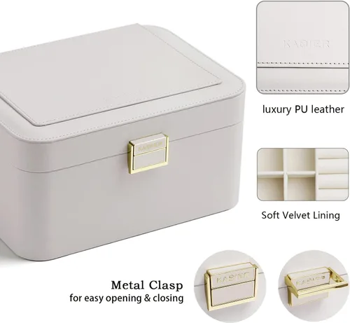 Miniatura 2 de KAMIER Organizador de joyas caja organizadora de joyas de 2 capas para aretes pulseras anillos collares cuero de lujo y forro de terciopelo suave