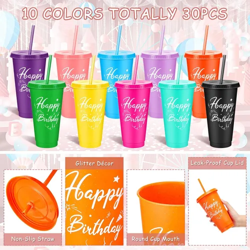 Miniatura 3 de Uiifan 30 vasos de cumpleaños a granel con tapas y pajitas, vasos reutilizables de color morado y rosa para regalos de fiesta, regalos de devolución