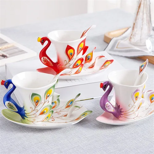 Miniatura 5 de Taza, taza de escritorio de café, taza de cerámica creativa 3D hecha a mano de porcelana esmaltada de pavo real taza de café con platillo y cuchara