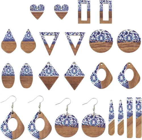 Miniatura 13 de Beadthoven - Dijes de madera de resina para bricolaje, colgantes de aretes de lágrima multicolor, triángulo, círculo redondo, rombo, barra