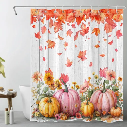 Miniatura 40 de HVEST Cortina de ducha con ganchos, calabaza espeluznante y fantasma con sombrero de bruja negro, juego de cortina de ducha naranja con flores