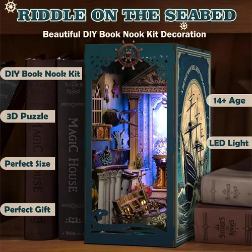 Miniatura 5 de Kit de rincón de libros, kit de bricolaje en miniatura de casa de muñecas con luz nocturna LED y cubierta antipolvo para adultos, adolescentes