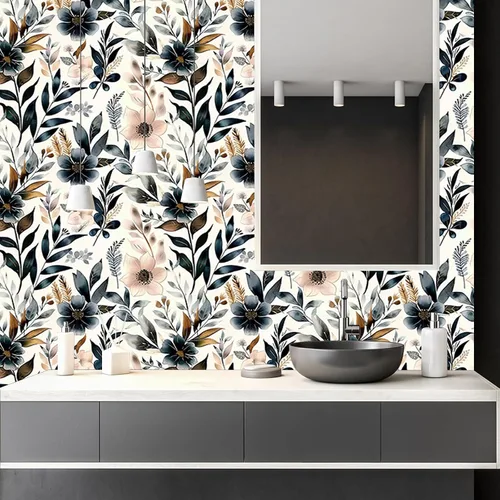 Miniatura 6 de Papel tapiz floral azul oscuro y rosa para despegar y pegar, papel tapiz vintage de hojas, fácil de despegar, autoadhesivo, extraíble, para armario