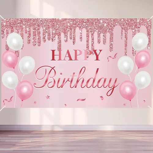 Uiorgui Cartel de cumpleaños rosa – Cartel de feliz cumpleaños decoraciones de fondo suministros para fiestas
