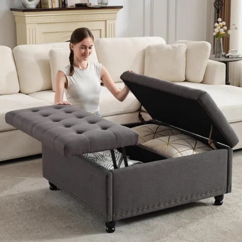 Miniatura 9 de Tbfit Banco otomano de almacenamiento cuadrado grande, mesa de centro otomana tapizada con tapa de elevación y patas de madera maciza, caja de Marrón