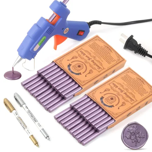40 varillas de cera de sellado de color morado rojizo con pistola de pegamento y 2 bolígrafos de sellado de cera para invitaciones de boda,