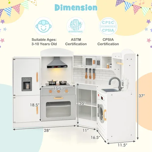 Miniatura 2 de Juego de cocina de esquina de madera para niños con luces y sonidos, juego de cocina de juguete con traje de chef, cocina para niños pequeños